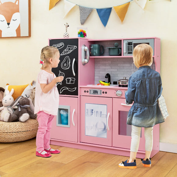 NNECW Pretend Play Kitchen with Accessories and Simulated Sounds-Pink