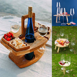 NNEOBA Portable Wooden Picnic Table Carry Handle Outdoor Folding Wine Table Removable Wine Glass Holder Folding Table Fruit Snack Tray