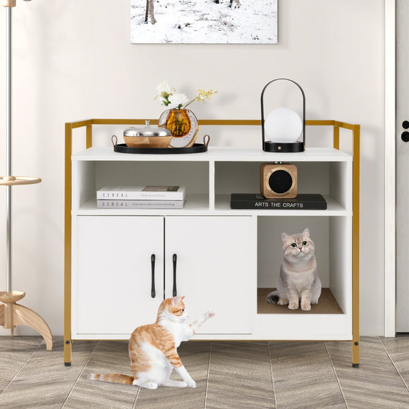 NNECW Cat Litter Box Enclosure with Double Doors & Scratch Cardboard-White