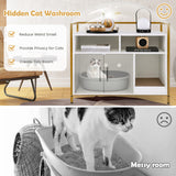 NNECW Cat Litter Box Enclosure with Double Doors &amp; Scratch Cardboard-White