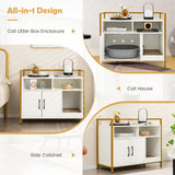 NNECW Cat Litter Box Enclosure with Double Doors &amp; Scratch Cardboard-White