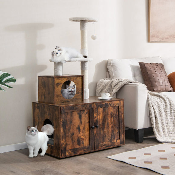 NNECW 2-in-1 Cat Tree with Litter Box Enclosure &amp; Sisal Scratching Posts-Brown
