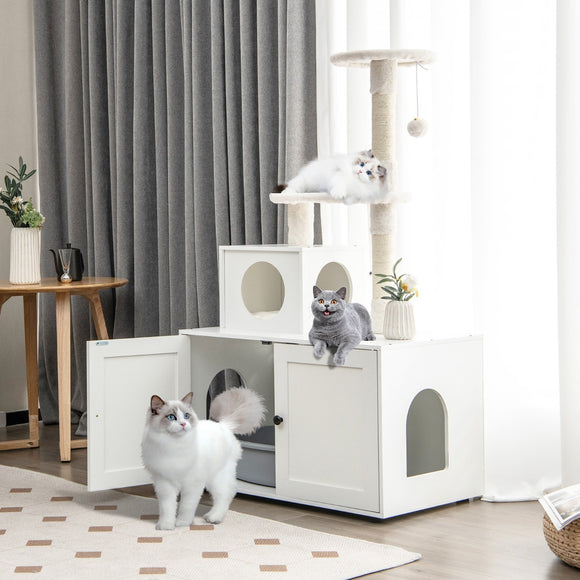 NNECW 2-in-1 Cat Tree with Litter Box Enclosure &amp; Sisal Scratching Posts-White