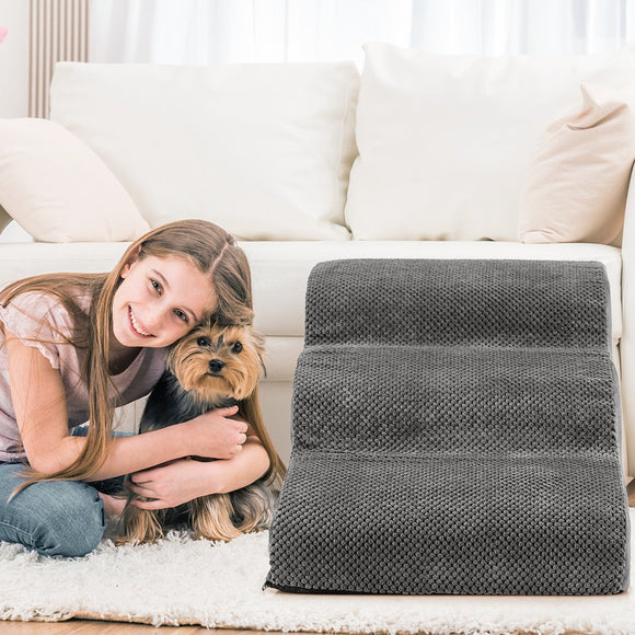 NNECW 3-Tier Foam Dog Ramp with High-Density Sponge & Silicone Paw Prints-Grey