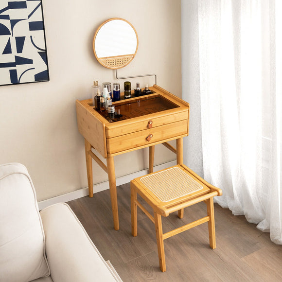 NNECW Rattan Top Bamboo Vanity Stool with Anti-slip Foot Pads