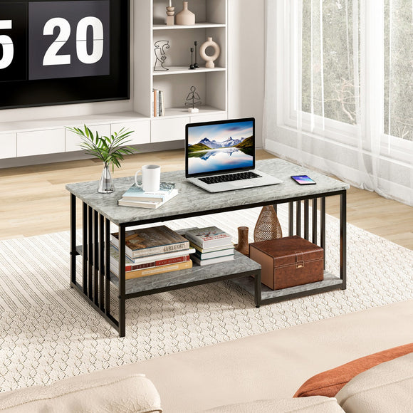 NNECW Rectangular 2-Tier Faux Marble Coffee Table with Open Storage Shelf