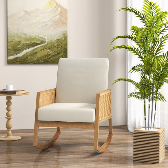 NNECW Rocking Chairs with Rattan Armrests and Upholstered Cushion