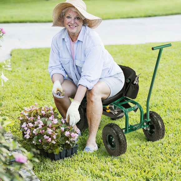 NNECW Rolling Garden Cart Scooter with Seat and Tool Storage-Green
