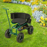 NNECW Rolling Garden Cart Scooter with Seat and Tool Storage-Green