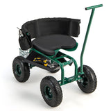 NNECW Rolling Garden Cart Scooter with Seat and Tool Storage-Green
