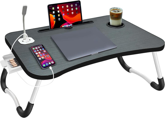 NNECN Laptop Desk Bed Table Tray Folding Breakfast Table Portable Lap Standing Desk Notebook Stand Reading Holder for Bed/Sofa Large Lap Desk with USB-Charger and Cup-Holder