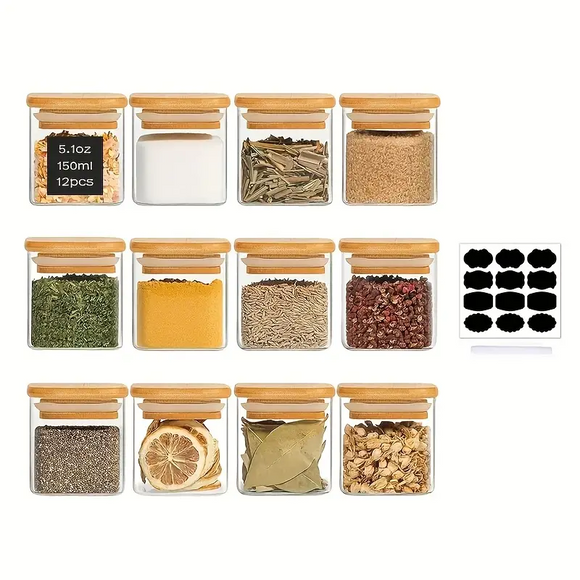 NNETM Glass Spice Jars with Airtight Lids (12-Pack)