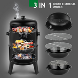 NNETM 3-in-1 Charcoal Smoker Grill Outdoor BBQ Cooker