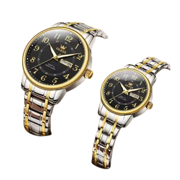 NNEOBA Quartz Couple Watch Stainless Steel Waterproof Pair (Gold Black)