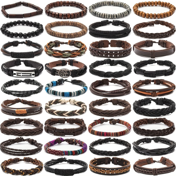 NNETM Men's Vintage PU Leather Bracelet Set (36pcs)