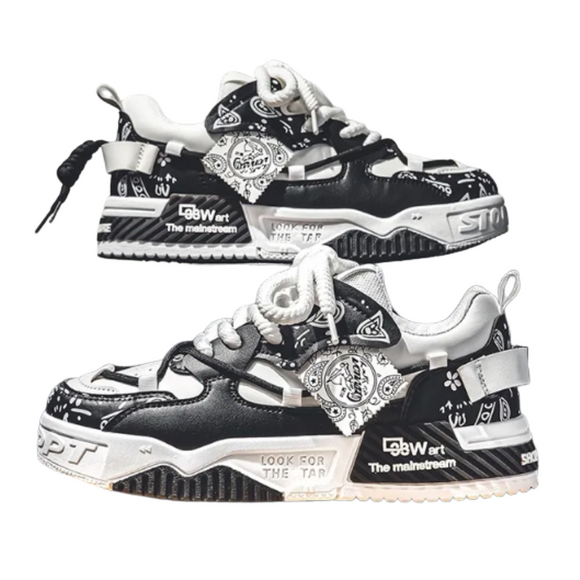 NNEOBA Men's Graffiti Patchwork Skateboard Sneakers (Black)