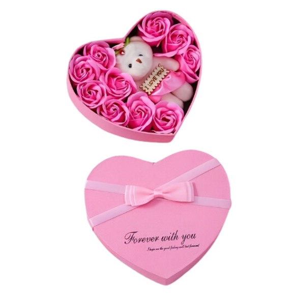 NNETM 11pcs Valentine's Soap Flower Gift Set with Teddy Bear (Pink)