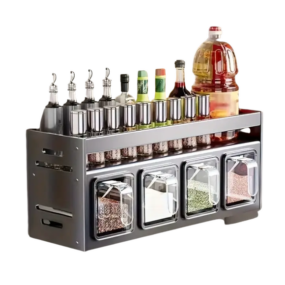 NNETM Wall-Mounted Aluminum Spice Rack with Clear Jars