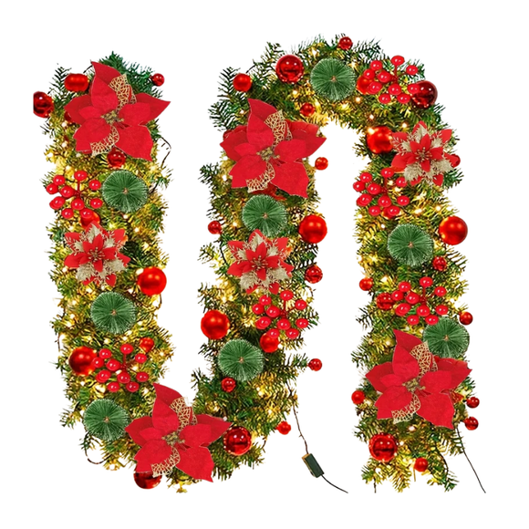NNETM Lighted Christmas Wreath with Red Poinsettia