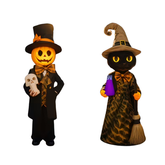NNETM Halloween Yard Pumpkin Gentleman & Black Cat Witch
