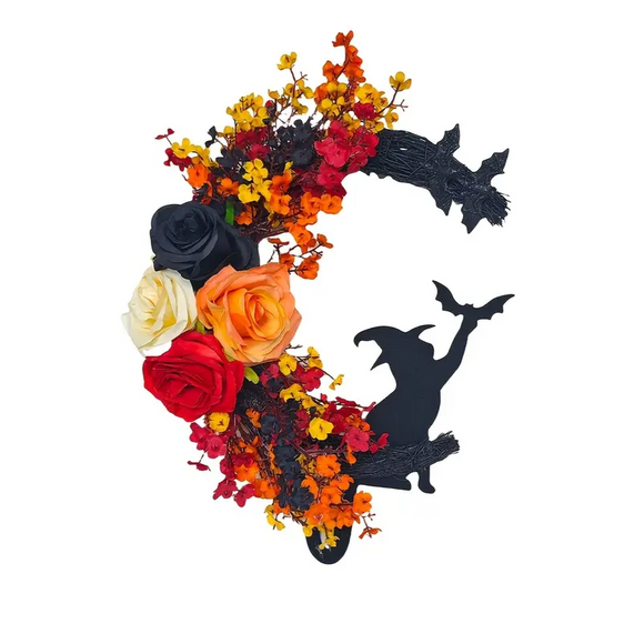 NNETM Gothic Halloween Wreath Witch Cat Moon Decor