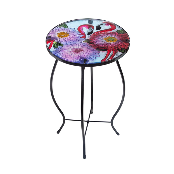 NNETM Flamingo Round Glass Top Outdoor Patio Side Table