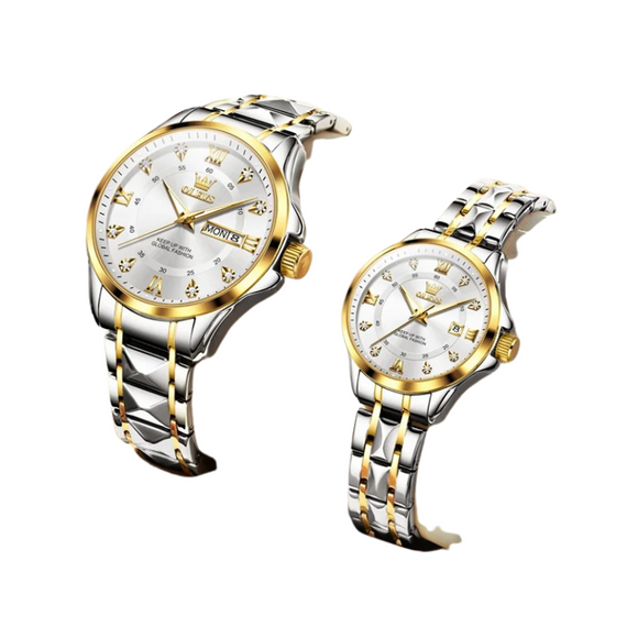NNEOBA Quartz Couple Watch Stainless Steel Waterproof Pair (Gold White )