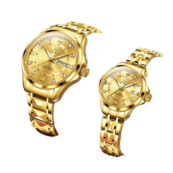NNEOBA Quartz Couple Watch Stainless Steel Waterproof Pair (All Gold)