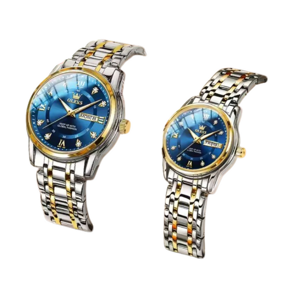 NNEOBA Quartz Couple Watch Stainless Steel Waterproof Pair (Gold Blue)