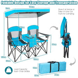 NNECW Double Folding Camping Chair with Canopy and Armrests-Blue