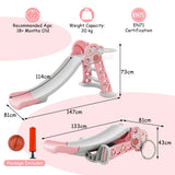 NNECW Folding Slide Playset with Basketball Hoop and Small Basketball for Kids-Pink