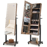 NNECW Lockable Jewelry Armoire Organizer with 3-Color Dimmable LED -Brown