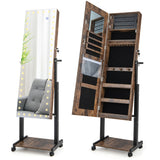 NNECW Lockable Jewelry Armoire Organizer with 3-Color Dimmable LED -Brown