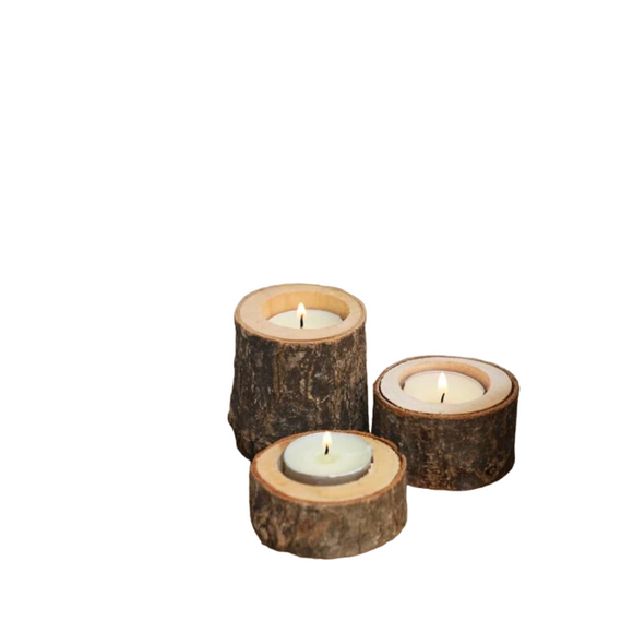 NNESN Retro Wood-Colored Wooden Candlestick Set - Set of 3 Multicolored Log Design Candle Holders