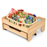 NNECW Kids Wooden Train Track Railway Set Table with 100 Multicolor Pieces