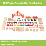 NNECW Kids Wooden Train Track Railway Set Table with 100 Multicolor Pieces