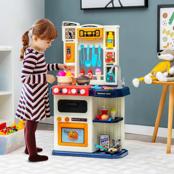 NNECW Kids Play Kitchen Set with 65 Pieces Accessories & Pretend Steam-Blue