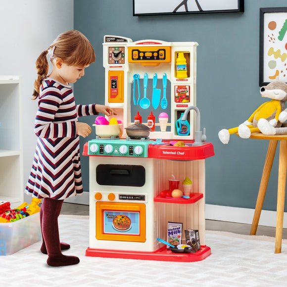 NNECW Kids Play Kitchen Set with 65 Pieces Accessories & Pretend Steam-Pink