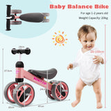 NNECW Baby Balance Bike with 4 Wheels &amp; Limited Steering for 1-2 Years Old-Pink