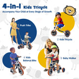 NNECW 4-in-1 Kids Trike Bike with Adjustable Parent Push Handle for Kids Aged 2-4-Navy