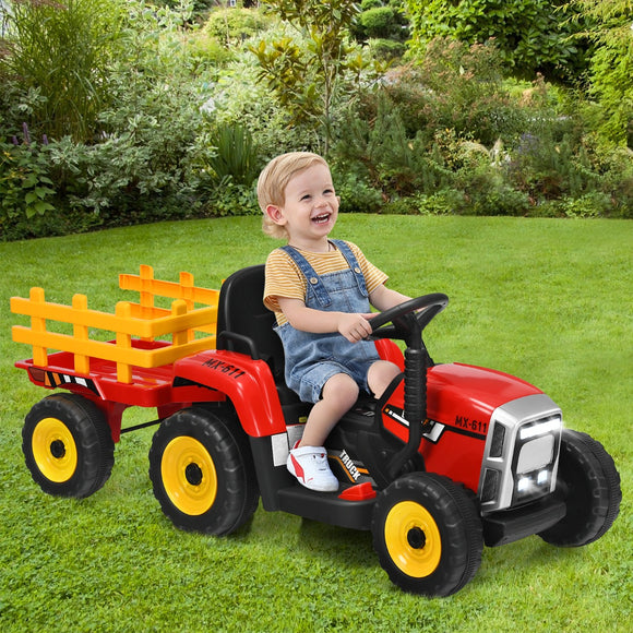 NNECW 12V Ride On Tractor with Trailer and Remote Control for Kids -Red