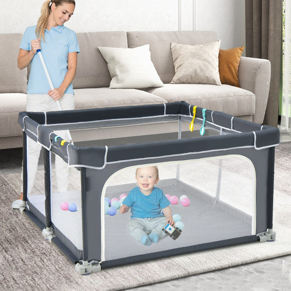NNECW 124cm Foldable Baby Playpen Interactive Activity Center with Balls for Kids-Dark Grey