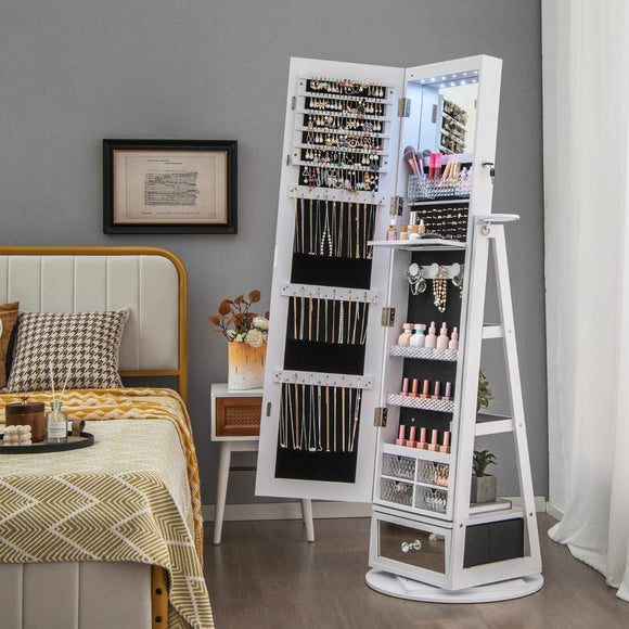 NNECW 360° Swivel Jewelry Cabinet with Full-Length Mirror-White