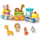 NNECW Wooden Stackable Educational Train Set with Colorful Animal Toys