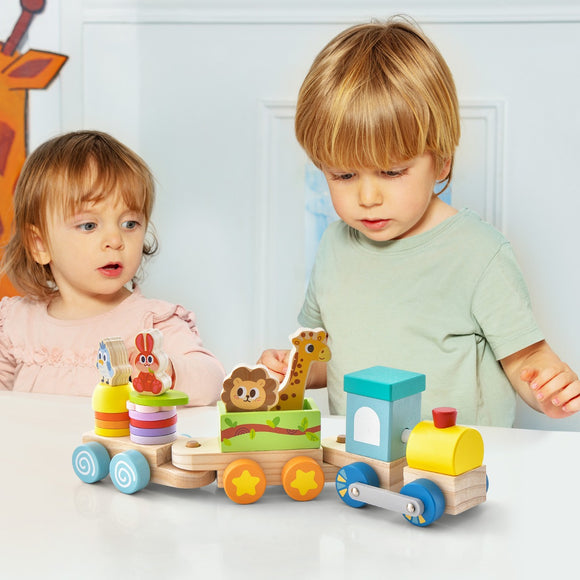 NNECW Wooden Stackable Educational Train Set with Colorful Animal Toys