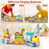 NNECW Wooden Stackable Educational Train Set with Colorful Animal Toys
