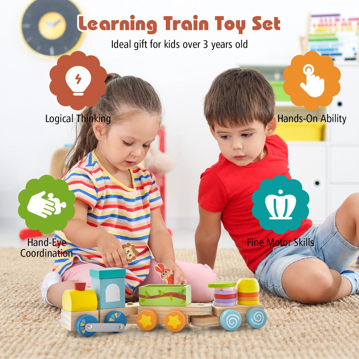 NNECW Wooden Stackable Educational Train Set with Colorful Animal Toys ...