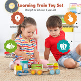 NNECW Wooden Stackable Educational Train Set with Colorful Animal Toys