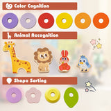 NNECW Wooden Stackable Educational Train Set with Colorful Animal Toys