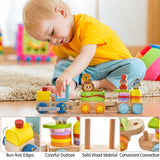 NNECW Wooden Stackable Educational Train Set with Colorful Animal Toys